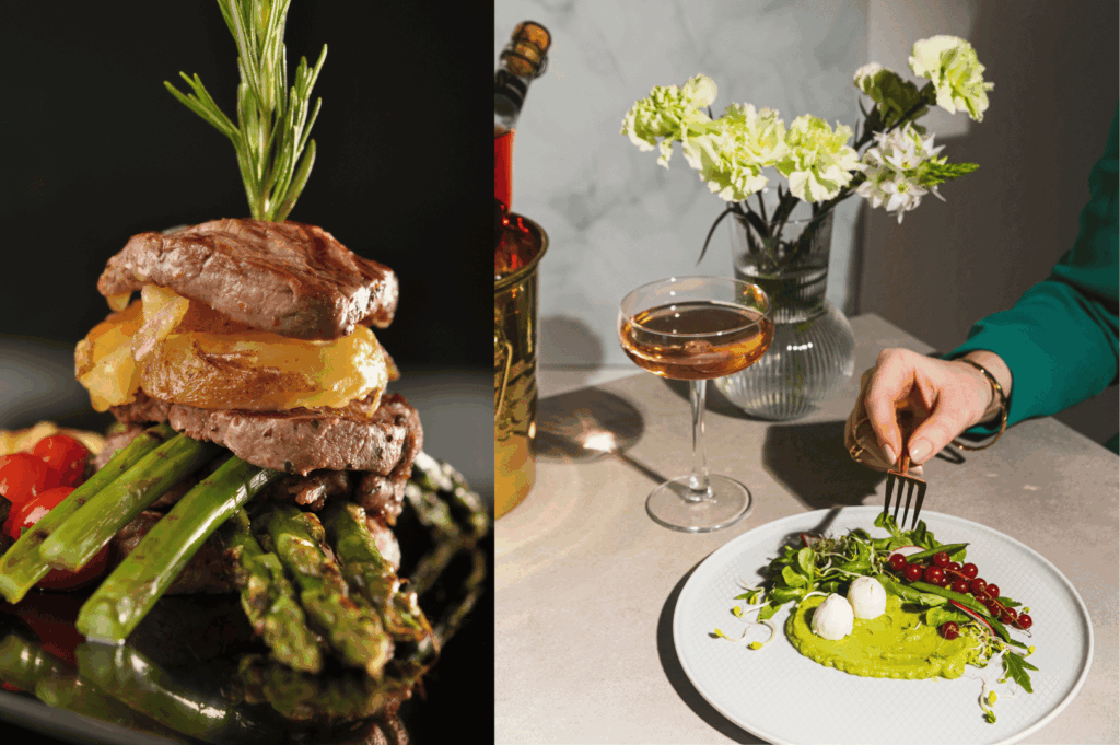 Split-screen of two refined Singapore dining moments—left: stacked grilled beef medallions with melted cheese, rosemary, and charred vegetables on a dark plate; right: minimalist white plate with green purée, mozzarella pearls, red currants, and microgreens, paired with rosé and floral table styling—capturing the spectrum of signature fine dining from bold indulgence to modern restraint.