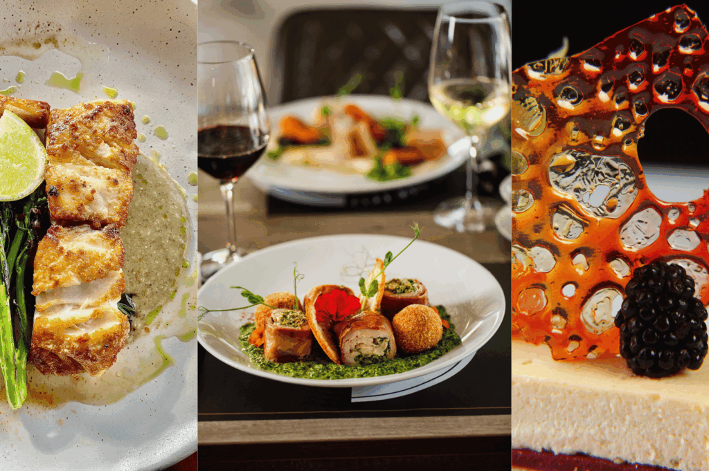 Triptych of Singapore fine dining artistry—left: seared fish fillet with lime and broccolini on vibrant green sauce; center: elegant table setting with red and white wine flanking a plate of rolled meats and croquettes on pesto; right: delicate dessert crowned with caramel shard and blackberries—capturing the visual rhythm, flavor diversity, and elevated hospitality of a signature culinary experience.