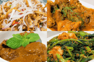 Collage of four modern Peranakan dishes plated with fine dining finesse—clockwise from top left: a tangy onion and shredded seafood salad with chili dressing; a rich chicken curry in deep red gravy garnished with herbs; a stir-fry of leafy greens and tofu in aromatic spices; and a slow-cooked meat curry with mint, showcasing the vibrant evolution of Singapore’s Peranakan cuisine.