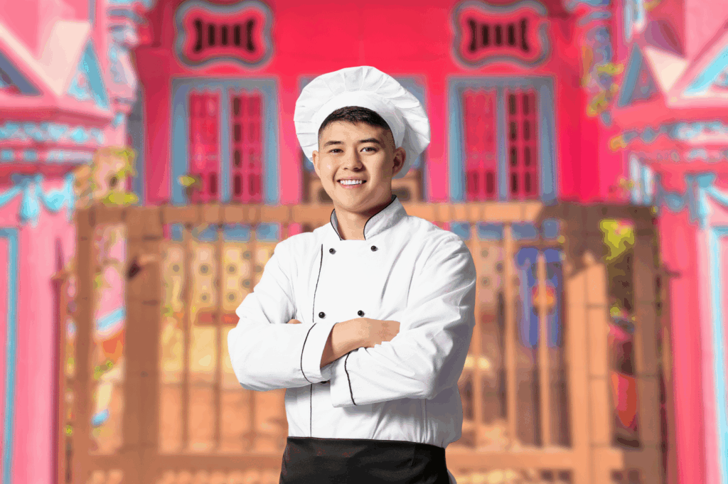 Portrait of a Peranakan chef in crisp white uniform and toque, standing confidently against a vibrantly painted heritage shophouse in pink, blue, and red. The juxtaposition of traditional architecture and modern culinary professionalism symbolizes Singapore’s evolving fine dining landscape, where ancestral flavors meet contemporary technique.