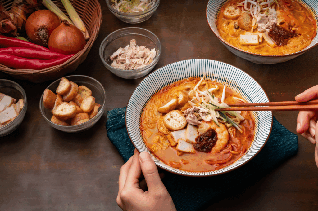 A richly layered bowl of Southeast Asian noodle soup—likely laksa—brimming with shrimp, shredded chicken, tofu puffs, and bean sprouts in a spicy, reddish broth. A hand lifts tender chicken with chopsticks, while surrounding bowls offer fresh ingredients like lemongrass, chili, and tofu slices. The composition captures the tactile intimacy and bold flavors of Singapore’s fusion cuisine, where heritage recipes are elevated through modern presentation and communal dining rituals.