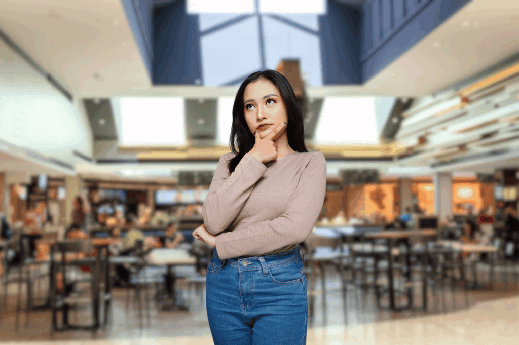 A contemplative figure stands in the center of a bright, modern food court, dressed in a beige top and high-waisted jeans. Skylights and glass panels flood the space with natural light, while diners gather at tables in the background. The thoughtful pose and architectural setting evoke Singapore’s fusion spirit—where personal reflection meets communal dining in spaces that blend global design with local energy.