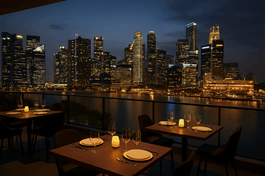 Singapore skyline dining at a luxurious rooftop bar overlooking Marina Bay Sands and the glittering city skyline, featuring rooftop restaurants and a club lounge serving signature cocktails, contemporary Asian cuisine, and modern Asian cuisine by Executive Chef Sam Chin. Guests enjoy panoramic skyline views of Singapore's iconic skyline from alfresco balconies, private dining rooms, and a lounge bar at Marina Bay Financial Centre, with the best rooftop restaurants and best rooftop bars offering an unparalleled dining experience. Highlights include La Vi, Lavo Italian Restaurant, Sky Bar, Spago Bar, and Artemis Grill, each a bar and restaurant with an exclusive wine chamber, world wines, and an extensive wine list. The vibrant atmosphere of the Marina Bay area, Ocean Financial Centre, and downtown Singapore sets the stage for breathtaking views, stunning views, sweeping vistas, and amazing views of Marina Bay, Sentosa Island, Mount Faber Peak, Customs House, Collyer Quay, Raffles Place, Civic District, and OUE Bayfront. Perfect for a romantic restaurant date, special dinner, weekday lunch, after work drinks, or corporate events, these restaurants in Singapore offer the freshest seafood, Maine lobster, European classics, seasonal ingredients, and sea-level dining rooms with scenic views. From rooftop dining under city lights to a restaurant with a view, every dining experience here promises impressive selection, panoramic views, views of the city, and a chance to dine at Singapore’s most iconic rooftop destinations—book ahead for an unforgettable night in the city