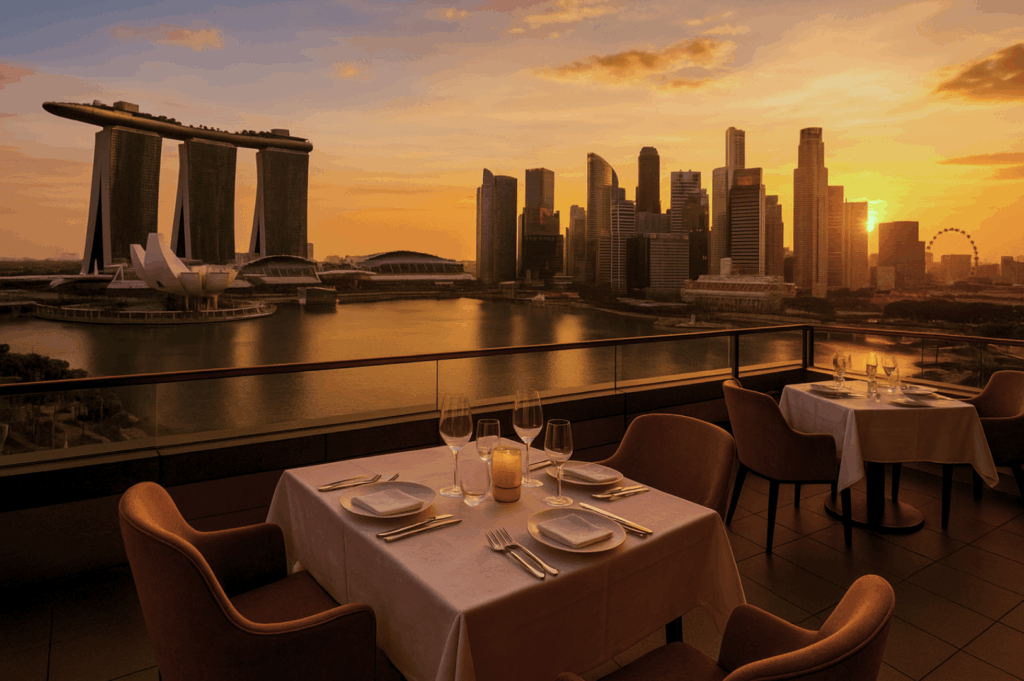 Singapore skyline dining at a luxurious rooftop bar atop Marina Bay Sands, showcasing rooftop restaurants with panoramic skyline views of Marina Bay, the city skyline, and Singapore's iconic skyline. Guests enjoy signature cocktails, contemporary Asian cuisine, modern Asian cuisine, and European classics at venues like La Vi, Cé La Vi, Lavo Italian Restaurant, Spago Bar, Artemis Grill, and other best rooftop restaurants and best rooftop bars. The club lounge, lounge bar, and sky bar offer private dining rooms, alfresco balconies, and an exclusive wine chamber with an extensive wine list of world wines. Executive Chef Sam Chin curates seasonal ingredients, freshest seafood, and Maine lobster for a special dinner or weekday lunch. The romantic restaurant setting features unparalleled dining experience, breathtaking views, stunning views, sweeping vistas, and skyline views over the Marina Bay area, Marina Bay Financial Centre, Ocean Financial Centre, OUE Bayfront, Customs House, Collyer Quay, Raffles Place, Civic District, Downtown Singapore, and Sentosa Island. Rooftop dining and after work drinks unfold in a vibrant atmosphere with city lights, amazing views, and scenic views from restaurants in Singapore. Perfect for corporate events, a restaurant with a view, or a dining room at sea level, this bar and restaurant invites guests to dine, enjoy dinner, and book ahead for impressive selection, outpost hotel stays, panoramic views, views of Marina Bay, and views of the city by night or day.