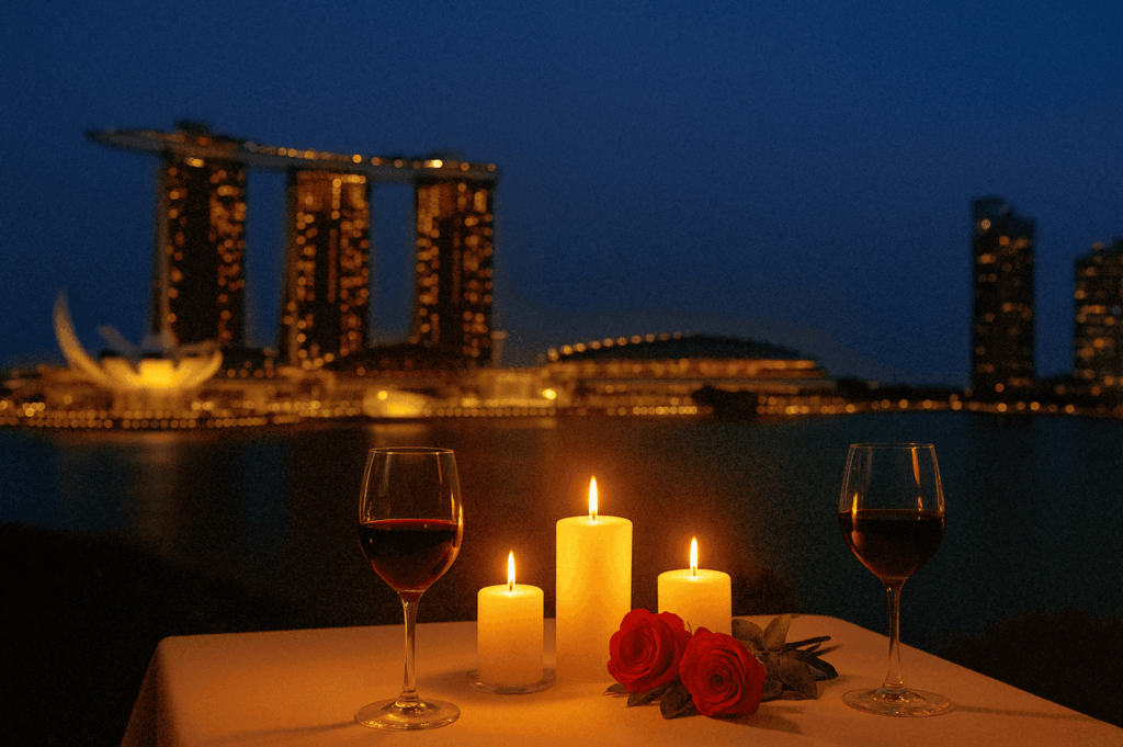 Romantic singapore skyline dining scene at Marina Bay Sands with candlelit table for two, red roses, and glasses of wine overlooking the illuminated city skyline and singapore skyline. Perfect for a romantic restaurant evening, this setting captures rooftop bar elegance, rooftop restaurants charm, and panoramic skyline views of marina bay. Guests enjoy signature cocktails, contemporary Asian cuisine at La Vi, Italian flavors at Lavo Italian Restaurant, and elevated drinks at a sky bar. Luxurious private dining rooms and lounge bar venues in the Marina Bay Financial Centre rank among the best rooftop restaurants and best rooftop bars in restaurants in Singapore, blending bar and restaurant concepts with modern Asian cuisine by Executive Chef Sam Chin. The exclusive wine chamber, alfresco balconies, and unparalleled dining experience offer views of Marina Bay, world wines, and panoramic views across the Marina Bay area. The vibrant atmosphere suits weekday lunch, special dinner, or after work drinks, with freshest seafood, Maine lobster, and seasonal ingredients. From Sentosa Island to Outpost Hotel, Customs House, and Mount Faber Peak, rooftop dining under city lights delivers stunning views, sweeping vistas, and amazing views. Whether at a restaurant with a view, Spago Bar, Artemis Grill, or Civic District gem, enjoy corporate events, dining experience perfection, impressive selection from an extensive wine list, Italian restaurant sophistication, European classics, and scenic views near Raffles Place, Collyer Quay, OUE Bayfront, and Marina Bay Financial. From cé la vi to sea level dining rooms, book ahead to dine with views of the city, skyline views, restaurant charm, and night magic in the city.