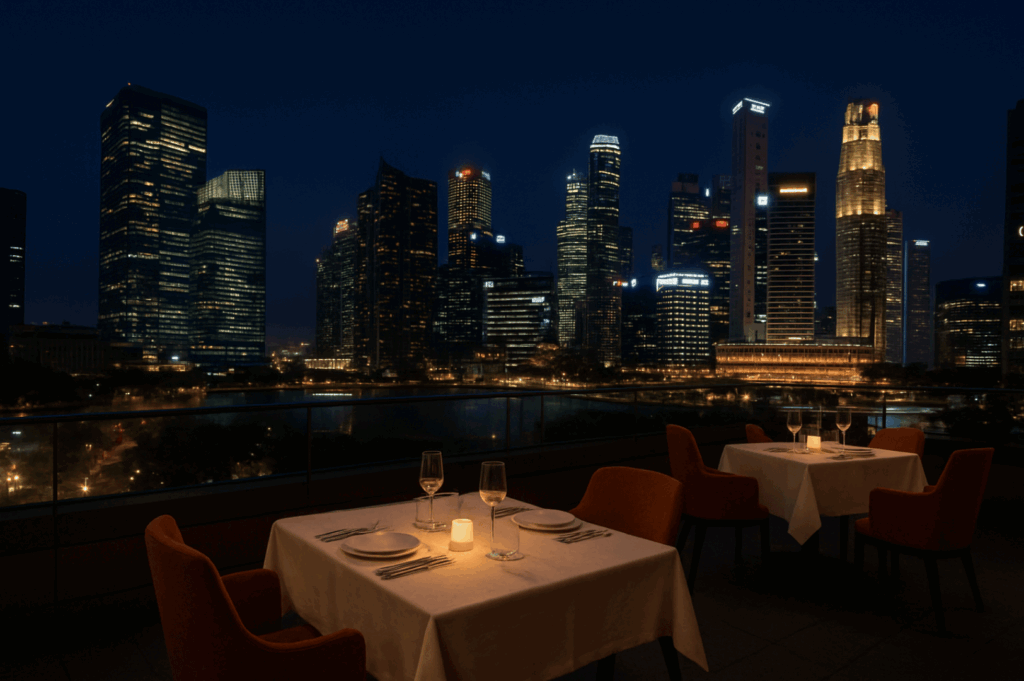 Romantic rooftop dining scene in Singapore with candlelit tables set against a dazzling nighttime skyline; white tablecloths, wine glasses, and warm ambient lighting contrast with the cool glow of high-rise buildings, capturing the allure of elevated urban nightlife.