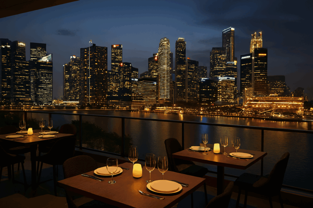 Candlelit outdoor dining terrace overlooking Singapore’s illuminated skyline across calm waters; elegantly set tables and soft ambient glow evoke a romantic, elevated experience that blends serenity with urban sophistication.