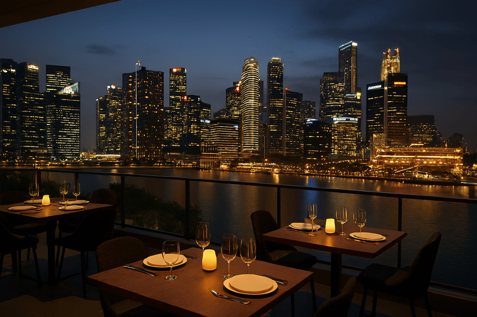 Candlelit outdoor dining terrace overlooking Singapore’s illuminated skyline across calm waters; elegantly set tables and soft ambient glow evoke a romantic, elevated experience that blends serenity with urban sophistication.