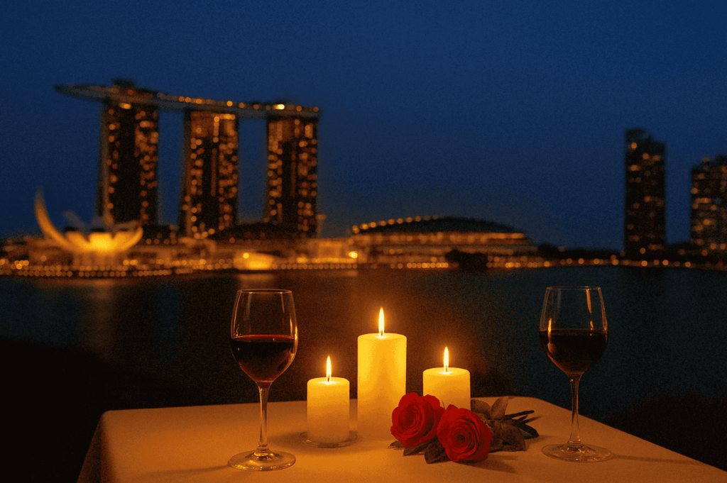 Romantic nighttime table setting with red wine, candles, and roses overlooking Singapore’s Marina Bay Sands and ArtScience Museum; city lights shimmer across the water, creating an intimate, luxurious atmosphere ideal for sunset celebrations and skyline dining.