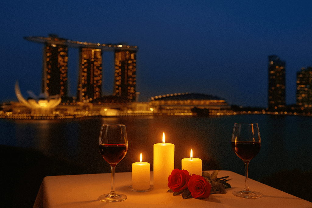 Romantic restaurant setup at night in the Marina Bay area of Singapore, featuring two glasses of red wine, red roses, and candlelight with stunning views of Marina Bay Sands, the ArtScience Museum, and the illuminated singapore skyline. Perfect for a special dinner or weekday lunch, this rooftop dining experience offers panoramic skyline views, sky bar, breathtaking views, and sweeping vistas of downtown Singapore, Marina Bay Financial Centre, Ocean Financial Centre, Customs House, Collyer Quay, Raffles Place, Civic District, and OUE Bayfront. One of the best rooftop restaurants and rooftop bars in Singapore, ideal for dining with a view Singapore. Comparable to LAVO Italian Restaurant, Artemis Grill, Cé La Vi, Spago Bar, and La Vi, this romantic restaurant offers alfresco balconies, private dining rooms, and a dining room with seasonal ingredients, small plates, european classics, modern Asian cuisine, and contemporary Asian cuisine. Guests can dine on the freshest seafood including Maine lobster, enjoy signature cocktails during happy hour, and savor an impressive selection of dishes curated by executive chef Sam Chin and executive chef Oliver Hyde. A must-visit among restaurants in Singapore for rooftop dining, city lights, and amazing views of Sentosa Island and Mount Faber Peak. Book ahead for an unforgettable night in the city.