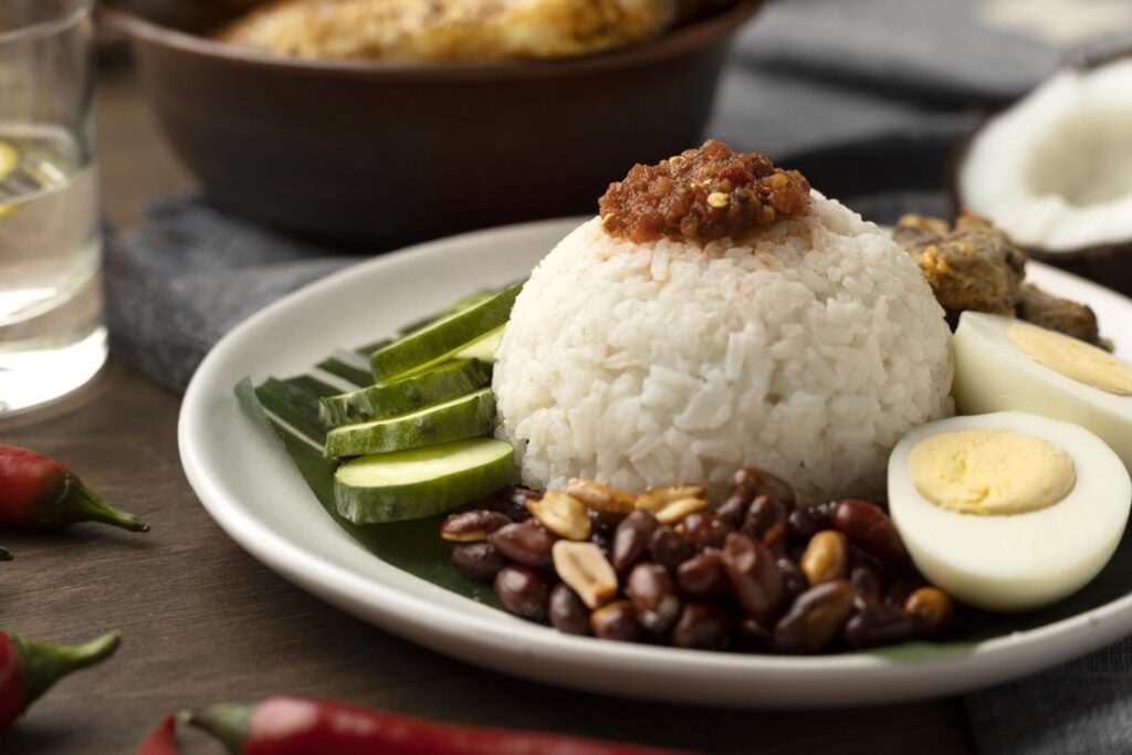 Singapore Fusion Cuisine : Nasi Lemak with roasted peanuts, crispy anchovies, and boiled egg