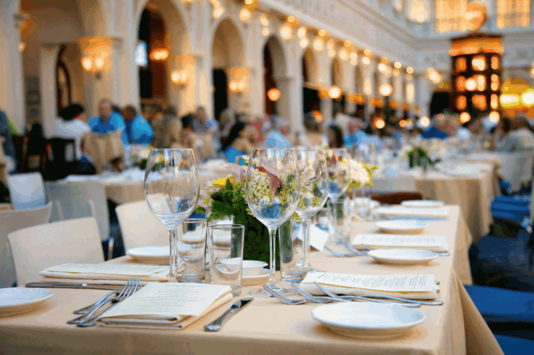 Elegant outdoor dining setup at a luxury Singapore venue, featuring beige tablecloths, floral centerpieces, and meticulously arranged tasting menus. Guests seated in the background enjoy a curated multi-course experience under warm architectural lighting, evoking the sophistication and sensory richness of Singapore’s best tasting menus.