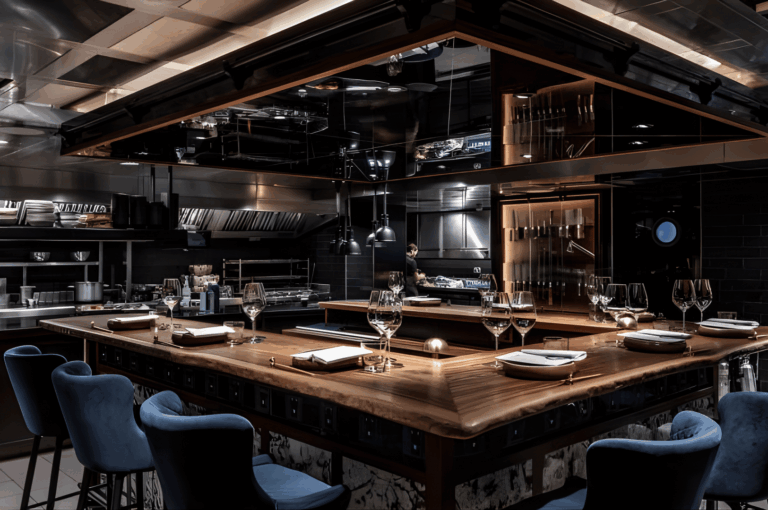 A cinematic view of a chef’s table setup in a modern fine dining kitchen, featuring a polished wood counter surrounded by plush blue velvet chairs. Each place setting is elegantly arranged with white plates, wine glasses, and folded napkins, inviting guests into an intimate culinary experience. In the background, a chef prepares dishes at stainless steel cooking stations, framed by sleek shelving and ambient lighting. The reflective ceiling above adds depth and drama, capturing the immersive atmosphere that redefines traditional dining through direct engagement with the artistry of cooking.