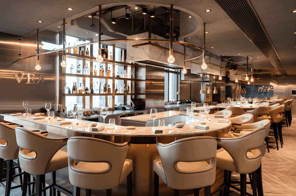 A refined chef’s bar setup in a contemporary upscale restaurant, featuring a marble countertop surrounded by cushioned high-back stools. Each place is set with wine glasses, utensils, and folded napkins, signaling readiness for an intimate dining experience. Above, exposed bulb lighting and a mirrored ceiling add visual drama and depth, while shelves of liquor bottles and a stainless steel kitchen behind the bar reinforce the open-kitchen concept. The warm lighting and sleek design evoke a sense of curated luxury, where guests are invited to witness the craft behind each dish in real time.