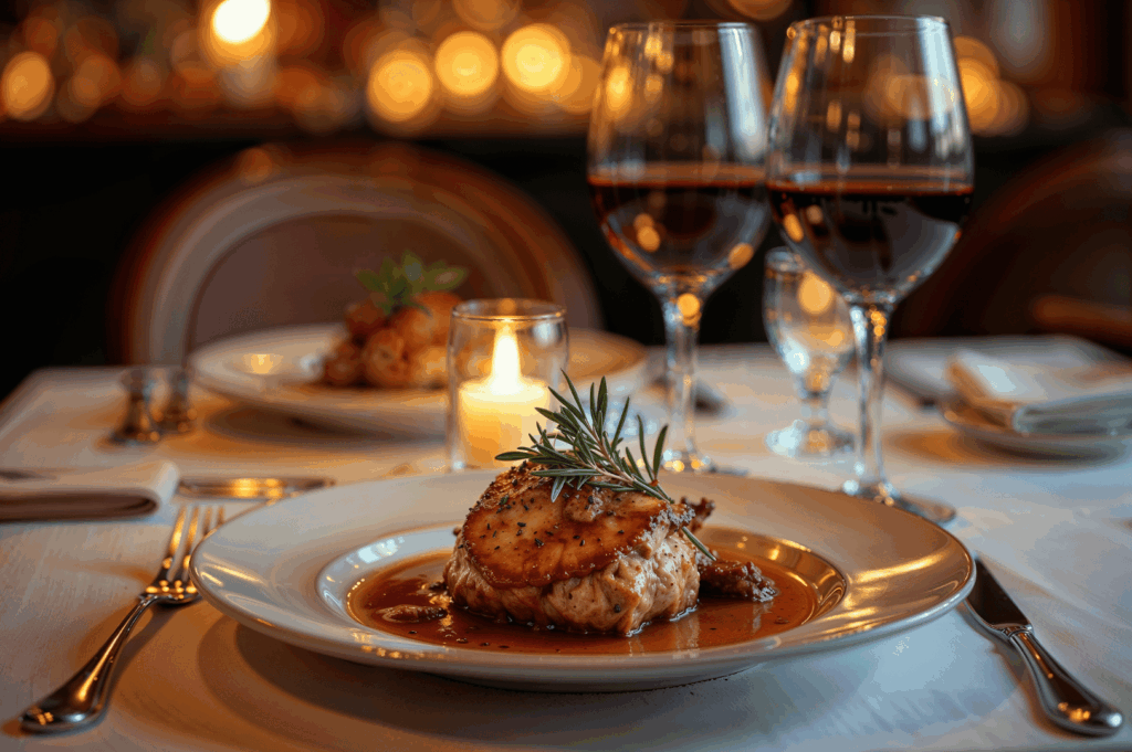 Romantic fine dining scene featuring grilled meat with rosemary garnish and rich brown sauce, paired with red wine and candlelight. The elegant table setting and warm ambiance evoke the emotional intimacy and sensory indulgence of a refined restaurant experience—offering a softer contrast to Michelin’s structured culinary prestige.