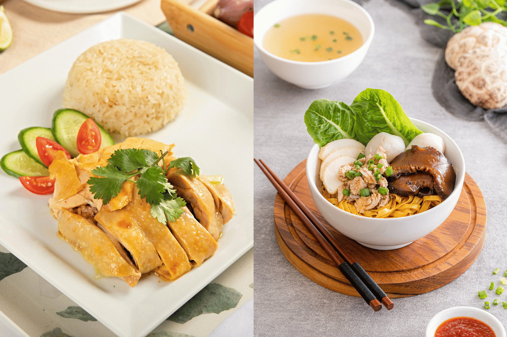 Side-by-side dishes of Hainanese chicken rice and dry noodles with fish cake and minced meat, showcasing Singapore’s Michelin-recognized culinary diversity from humble hawker fare to refined street-style presentations.