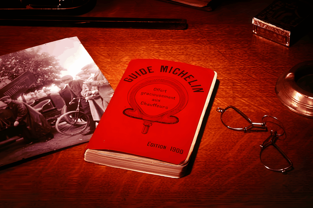 Vintage 1900 Michelin Guide displayed on a wooden desk with eyeglasses, an old automobile photo, and an inkwell—evoking the guide’s origins in early travel and its evolution into a global culinary authority.