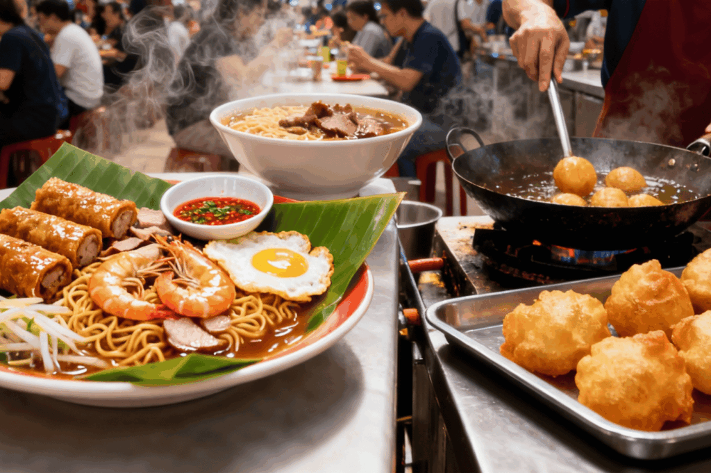 Bustling hawker scene with banana leaf noodles, fried dough balls, and noodle soup—capturing Singapore’s Michelin journey from vibrant street food to celebrated culinary heritage.