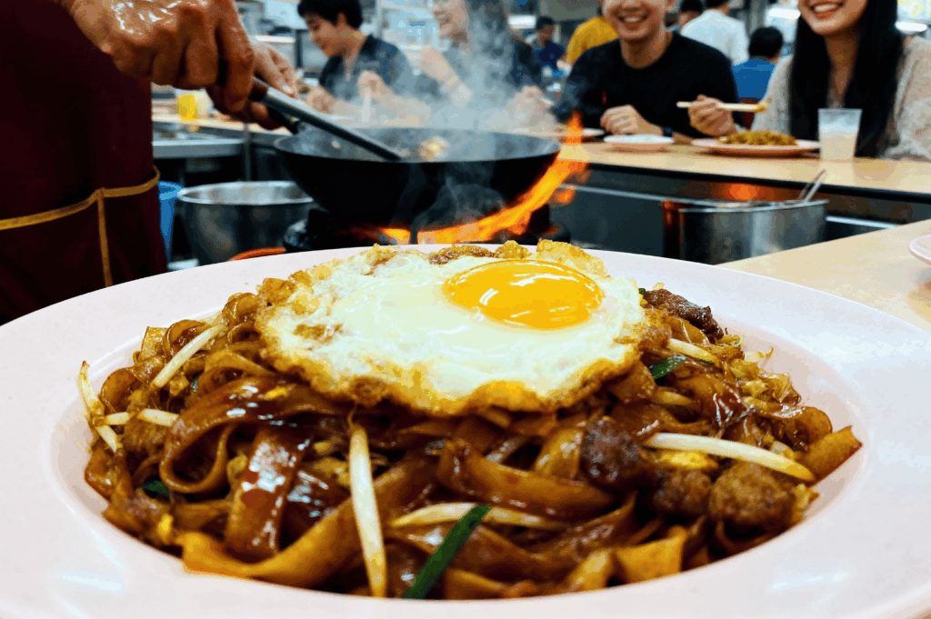 Close-up of stir-fried flat noodles topped with a sunny-side-up egg, served in a lively hawker setting with wok flames and diners in the background—celebrating Singapore’s Michelin street food legacy.
