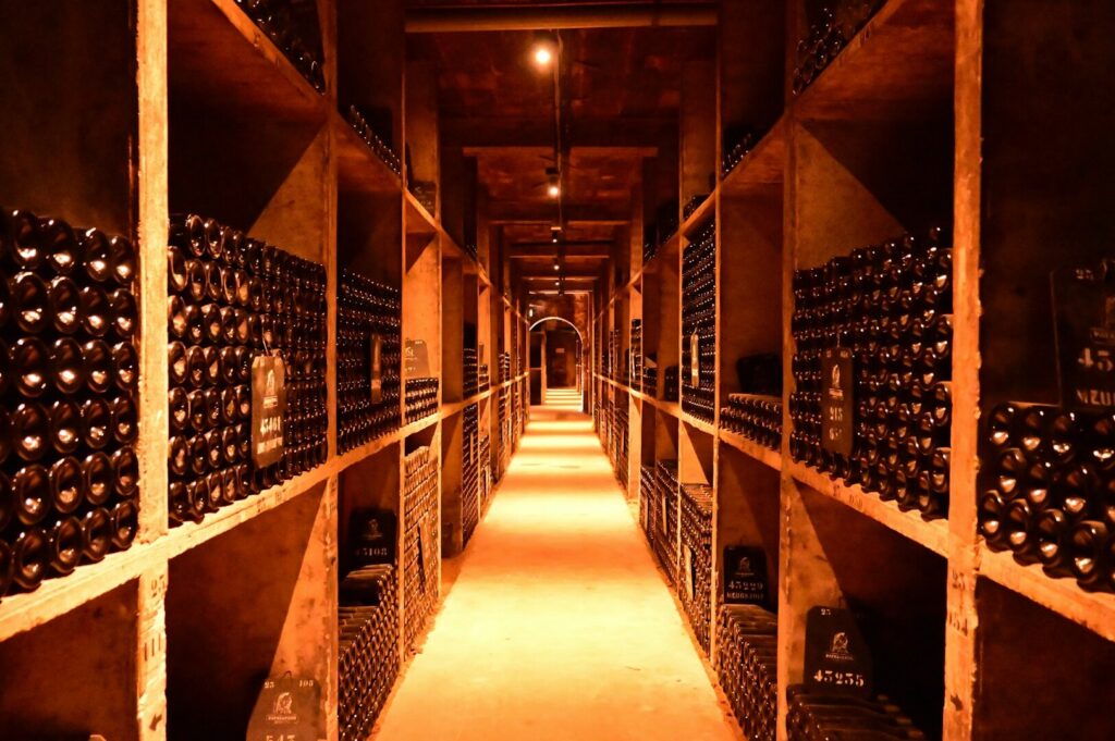 The image depicts an elegant wine cellar featuring an extensive collection of bottles, illuminated by soft ambient lighting that creates a refined atmosphere. This sophisticated space is perfect for wine enthusiasts and complements the experience at fine dining restaurants, showcasing quality ingredients and traditional flavors.