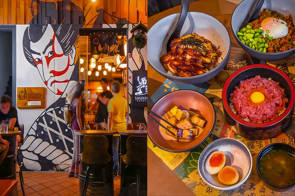 Street art of a Kabuki actor adorns a lively Japanese eatery. Inside, vibrant dishes include rice bowls, sushi, and a soft-boiled egg, creating a warm, inviting scene.