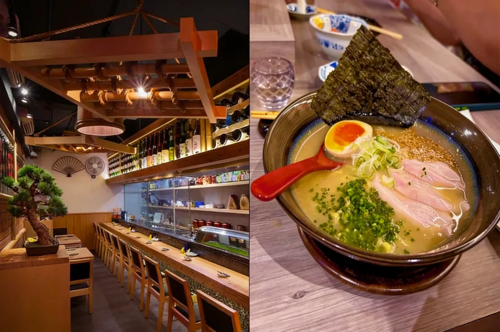 A cozy Japanese restaurant interior with wooden decor, a row of counter seats, and a vibrant ramen bowl featuring sliced pork, a soft-boiled egg, and seaweed.