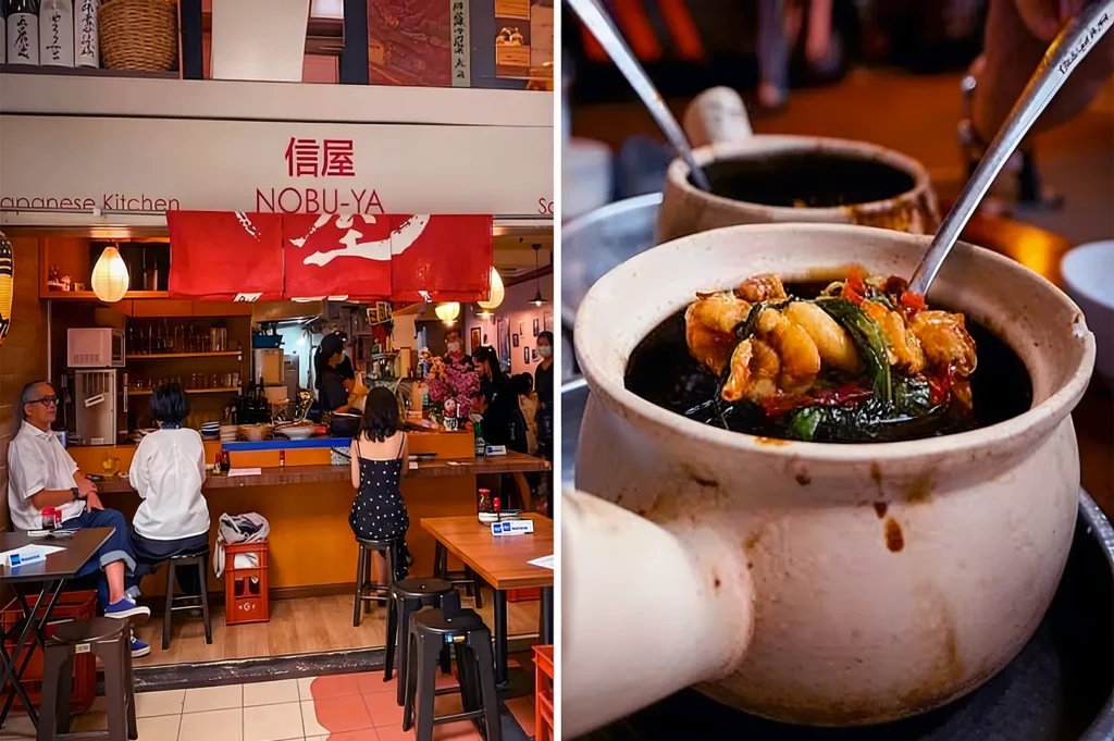 Japanese eatery with patrons seated at a cozy bar. On the right, hot pot dishes filled with vibrant vegetables and broth, creating a warm, inviting atmosphere.