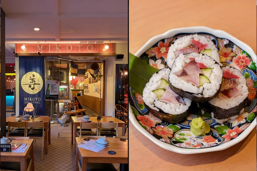 Left: Cozy Japanese restaurant exterior with wooden tables and chairs. Right: Close-up of colorful sushi rolls on a decorative plate, with wasabi.