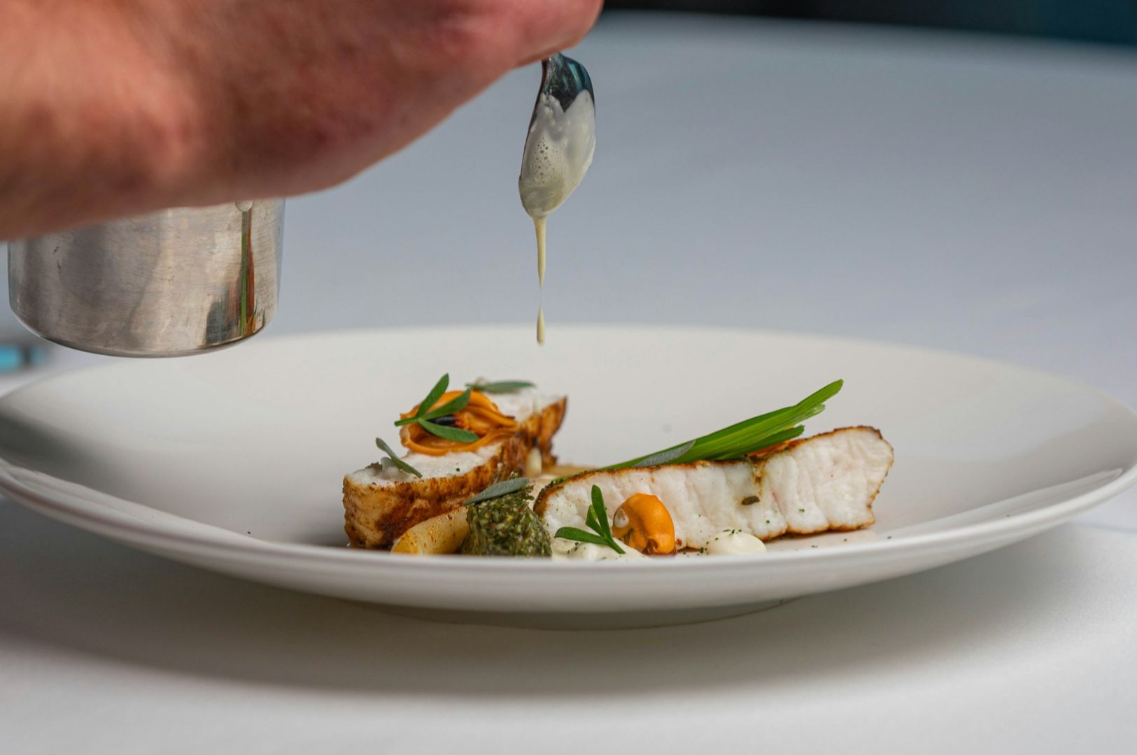 Close-up of a hand drizzling creamy sauce onto a gourmet fish dish, elegantly plated with herbs, vegetables, and a white sauce on a white plate.