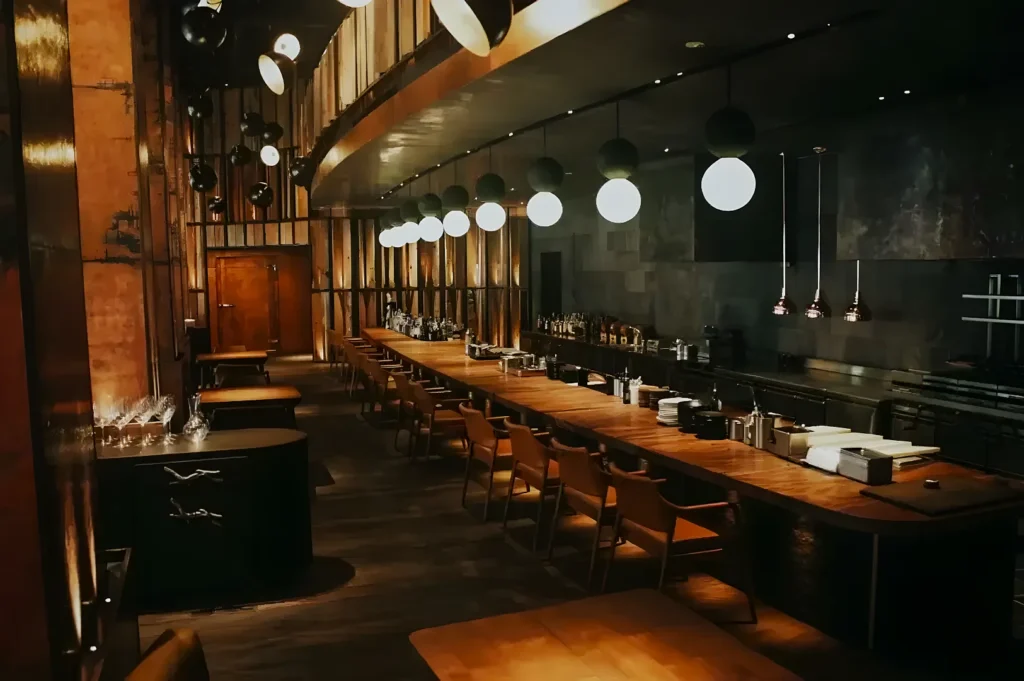 Elegant restaurant interior with a long wooden bar and warm ambient lighting. Rows of chairs line the bar, creating an inviting, upscale atmosphere.