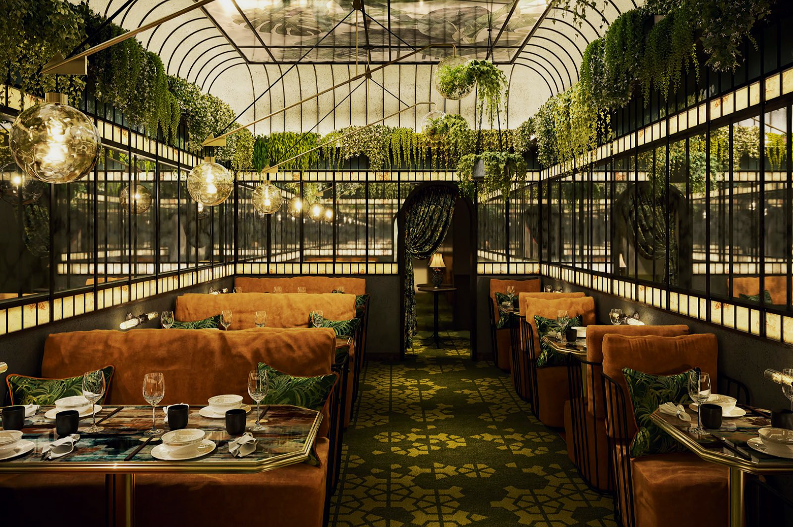 A cozy, elegant restaurant interior with warm lighting, lush greenery overhead, earth-toned seating, and glass lamps, conveying a serene, inviting atmosphere.