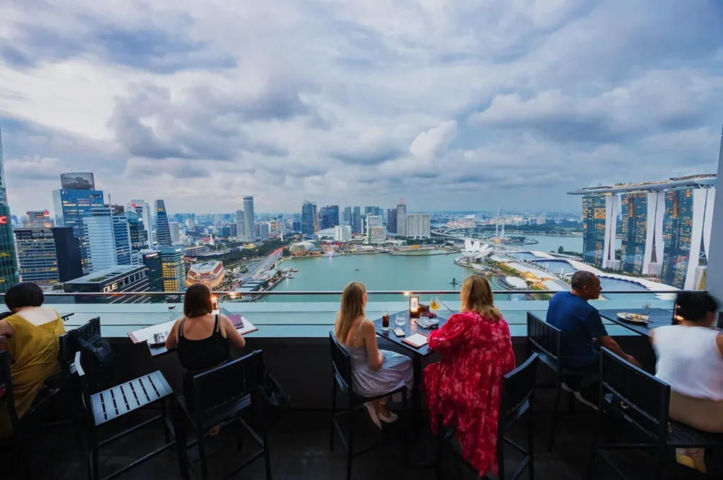 People seated at a rooftop bar enjoy a panoramic view of a city skyline and bay. The sky is cloudy, creating a relaxed and scenic atmosphere.