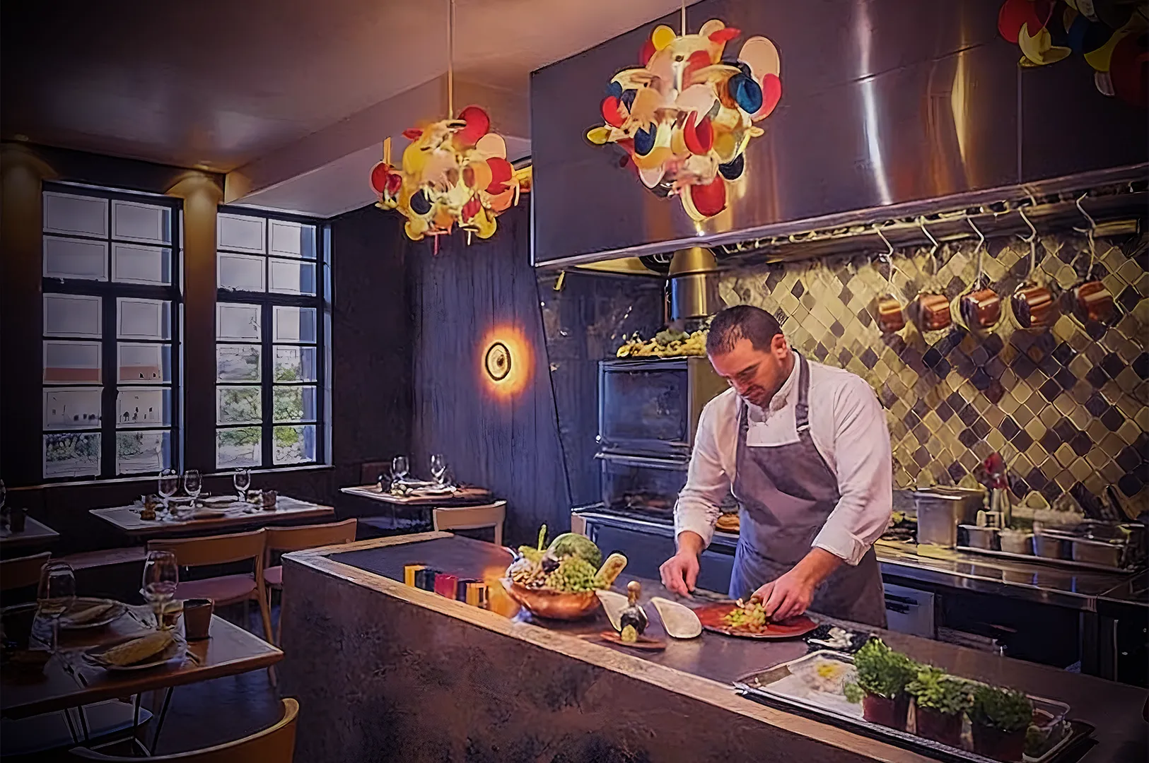 A chef in a gray apron prepares a dish in a modern restaurant kitchen. Bright pendant lights above and copper pots hanging on tiled walls create a warm, elegant ambiance.