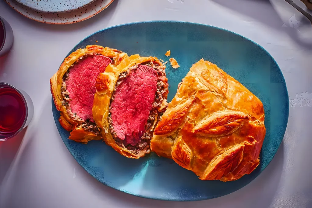 Slices of classic Beef Wellington served on a blue platter next to a glass of red wine, showing a perfectly cooked medium-rare beef tenderloin, mushroom duxelles, and golden puff pastry.