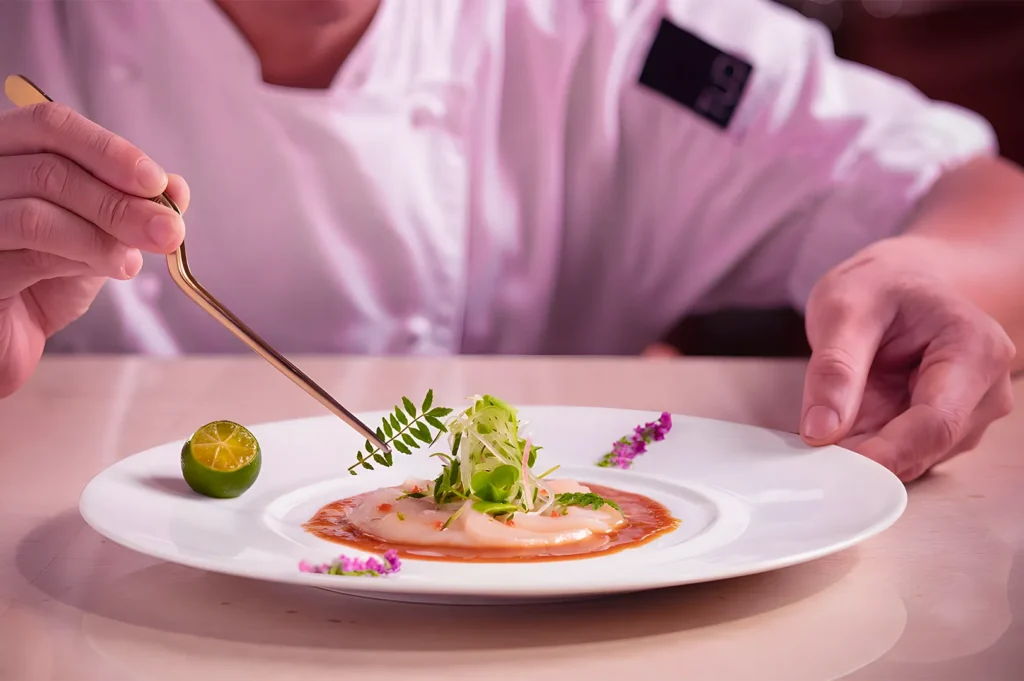 A chef in a white uniform arranges garnish on an artfully plated dish with sauce and greens, next to a halved lime. The setting exudes elegance and precision.