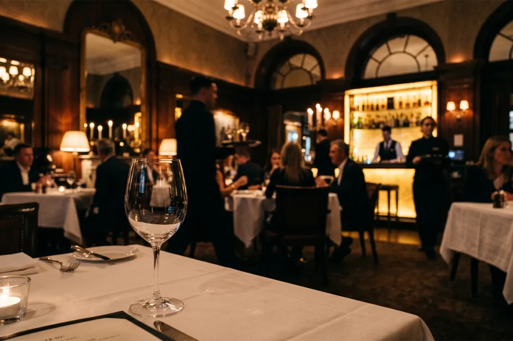 Elegant high-end restaurant interior with warm lighting, white tablecloths, and a blurred view of diners and staff at a bar.