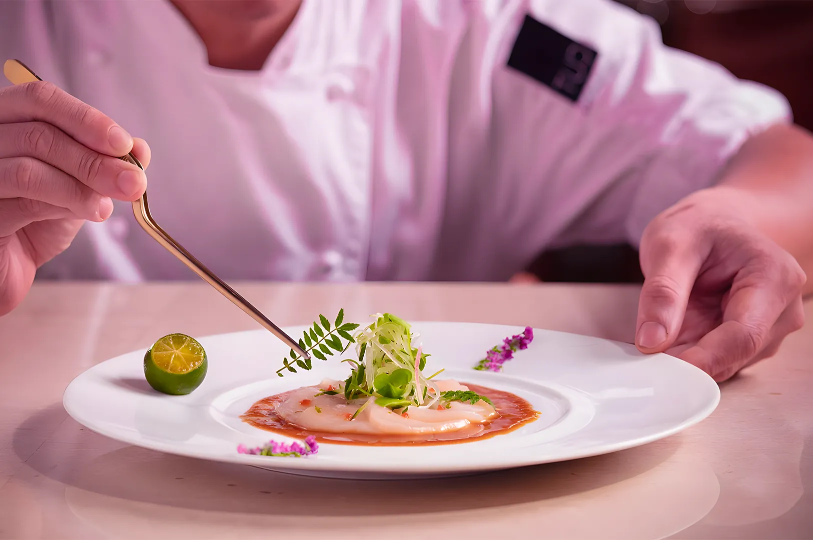 A chef in a white uniform arranges garnish on an artfully plated dish with sauce and greens, next to a halved lime. The setting exudes elegance and precision.