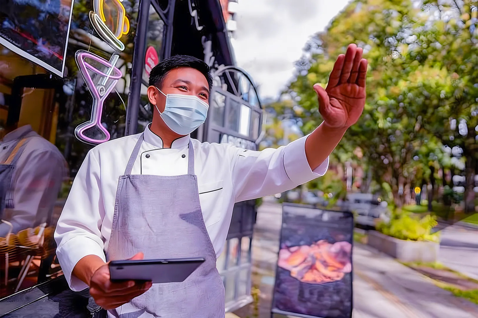 Chef in a white uniform and mask stands outdoors, holding a tablet and gesturing with his hand. Neon cocktail signs glow behind him; trees line the sidewalk.