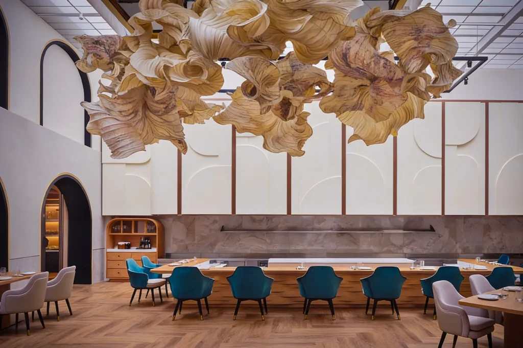 A modern restaurant interior with abstract wooden ceiling art, teal and beige chairs, and wooden floors. The ambiance is elegant and sophisticated.