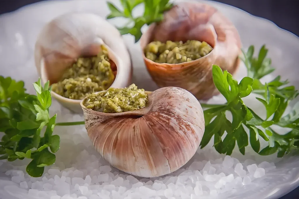 Close-up of escargot on a white plate lined with coarse salt. The snail shells are filled with green garlic parsley butter, garnished with sprigs of parsley.