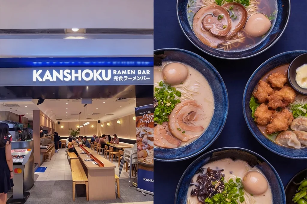 Storefront of Kanshoku Ramen Bar with people dining inside. Close-up of four ramen bowls with toppings like eggs, pork, and fried chicken. Cozy and inviting atmosphere.