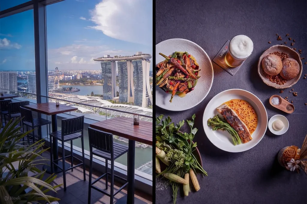 Split image: Left shows a modern restaurant with a view of Marina Bay Sands under a blue sky. Right displays a gourmet meal with artful plating, bread, and a drink.