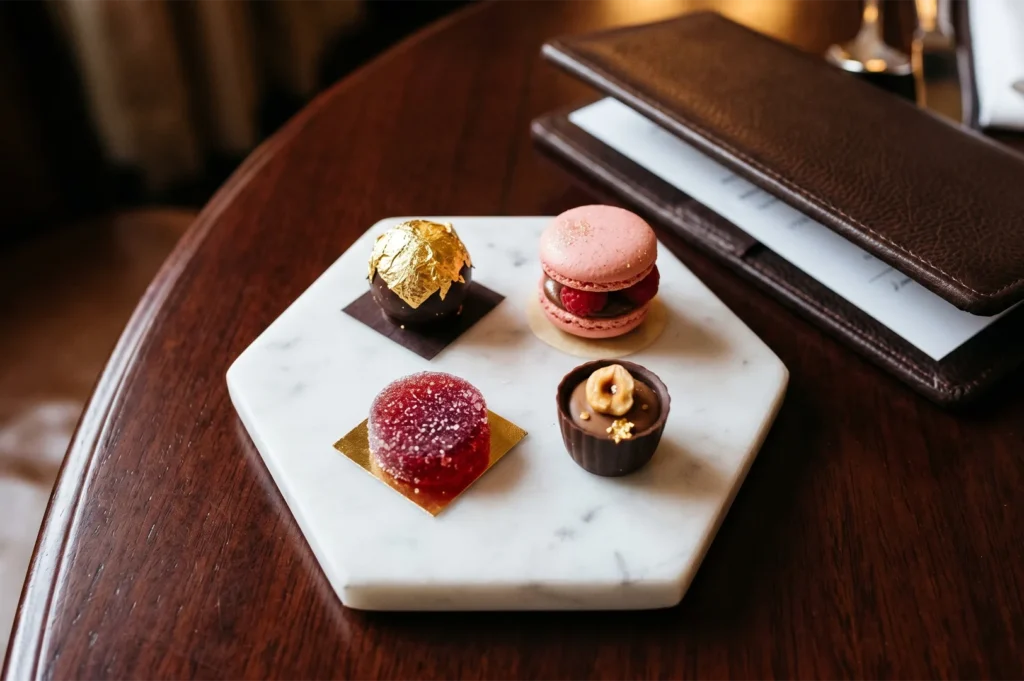 A selection of gourmet petit fours including a gold-leaf chocolate truffle, a raspberry macaron, and a fruit jelly on a white marble hexagonal plate.
