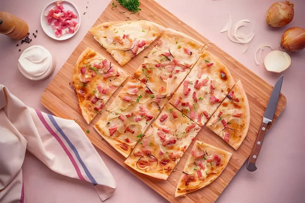 A wooden board holds sliced tarte flambée topped with bacon and onions. Nearby are cream, chopped bacon, a knife, and onions, creating a rustic vibe.