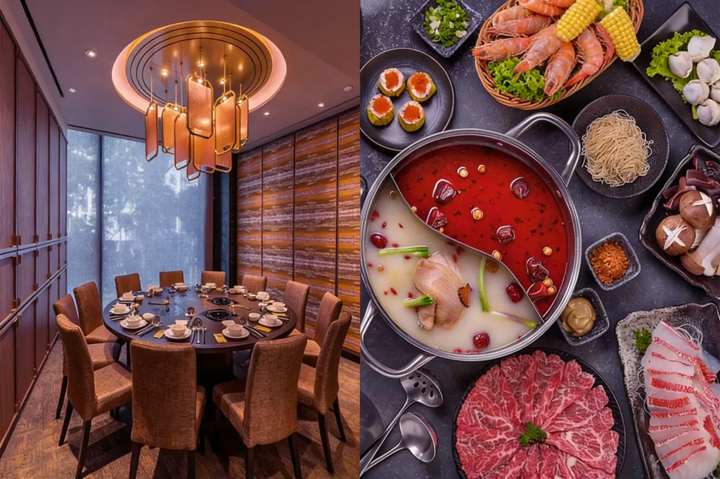 Elegant dining room with round table, modern chandelier, and warm lighting on the left; vibrant hot pot spread with seafood, meats, and vegetables on the right.