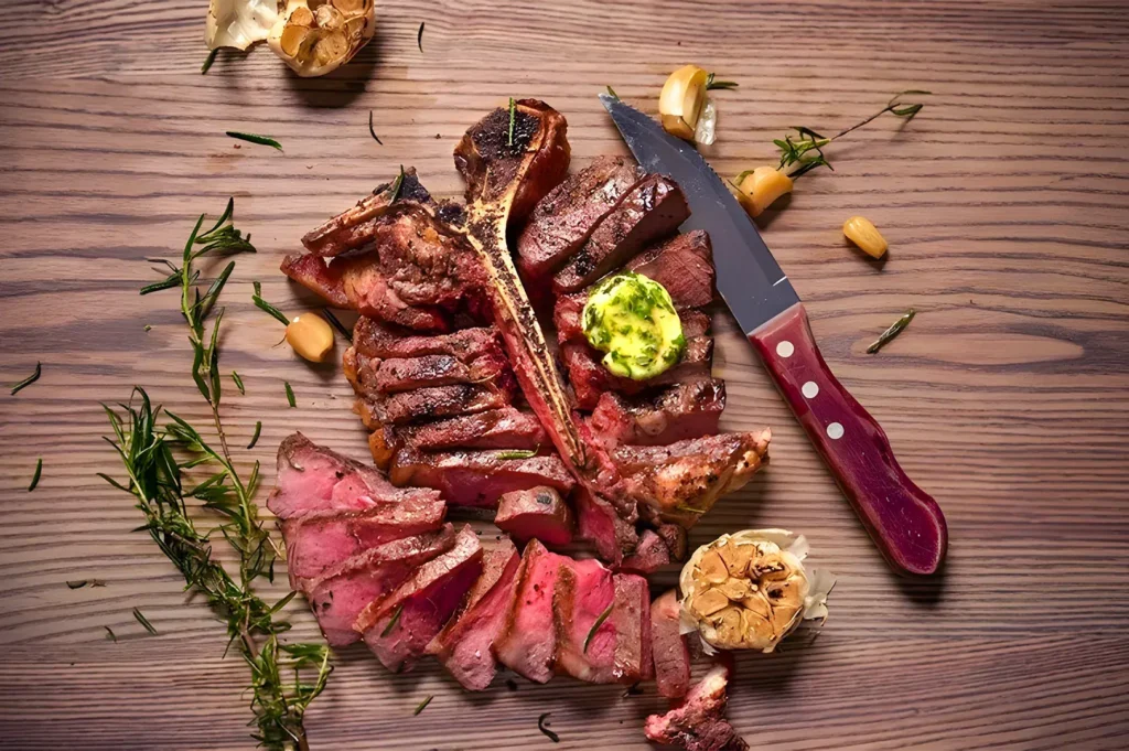 Sliced T-bone steak served medium-rare on a wooden board with herb butter, roasted garlic bulbs, and fresh rosemary sprigs.