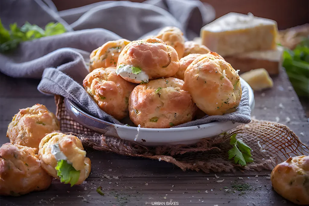 A rustic platter of golden, herb-filled gougères with creamy filling is surrounded by a gray cloth and cheese blocks, evoking a cozy, appetizing ambiance.