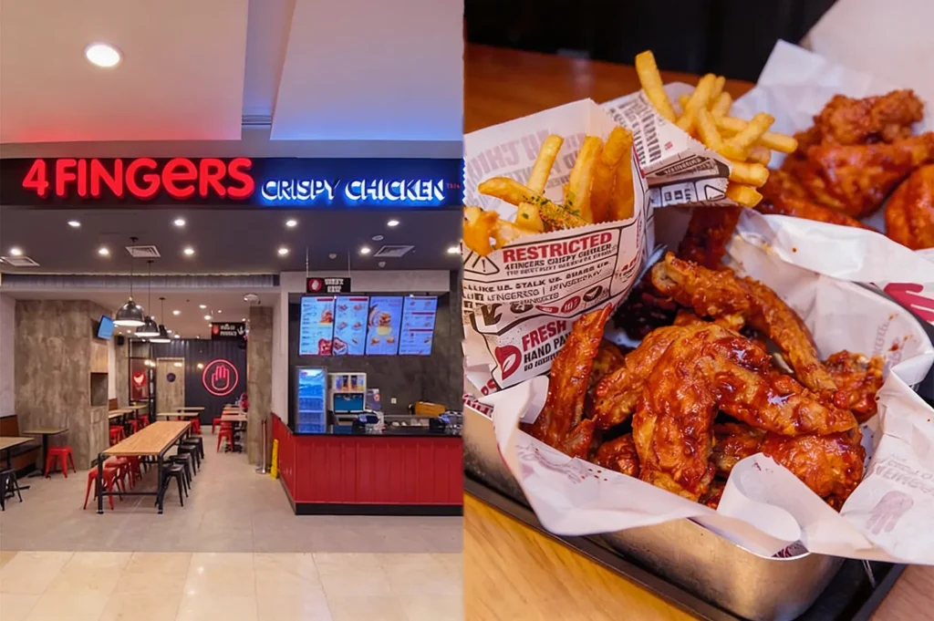 Restaurant interior labeled "4Fingers Crispy Chicken" with a modern dining area. Close-up of crispy chicken wings and fries served in branded paper.