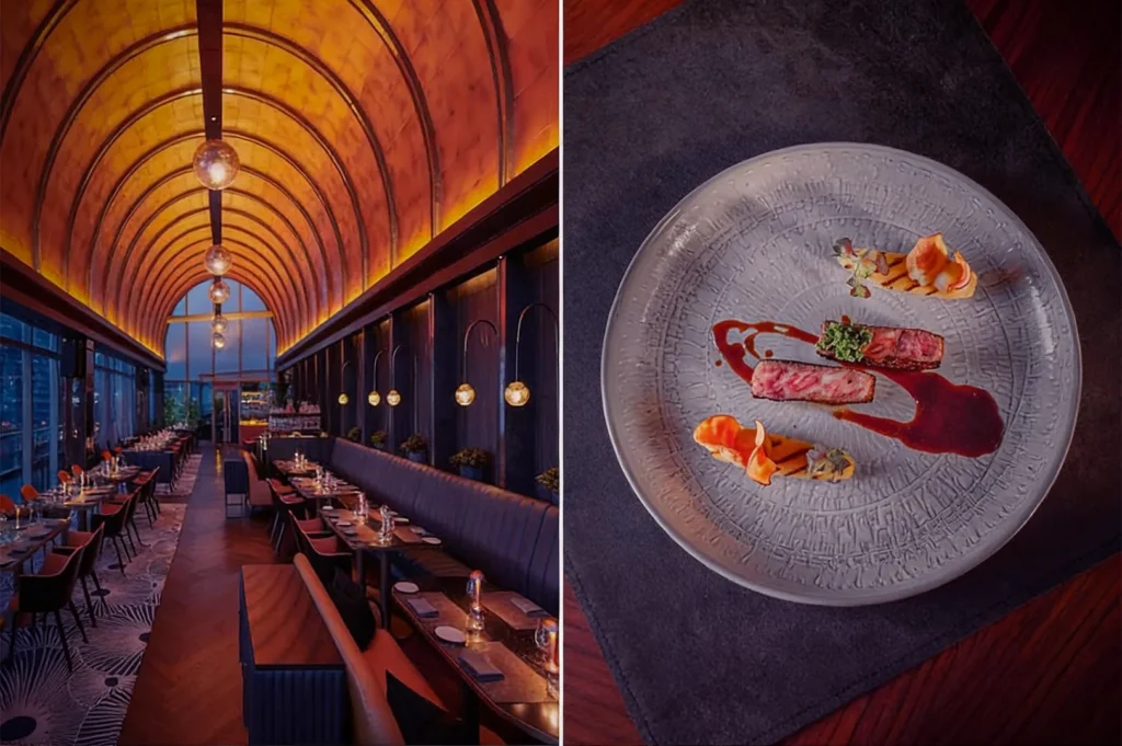 Elegant restaurant with a golden arched ceiling, modern decor, and intimate lighting. Close-up of a gourmet plated dish with artistic presentation.