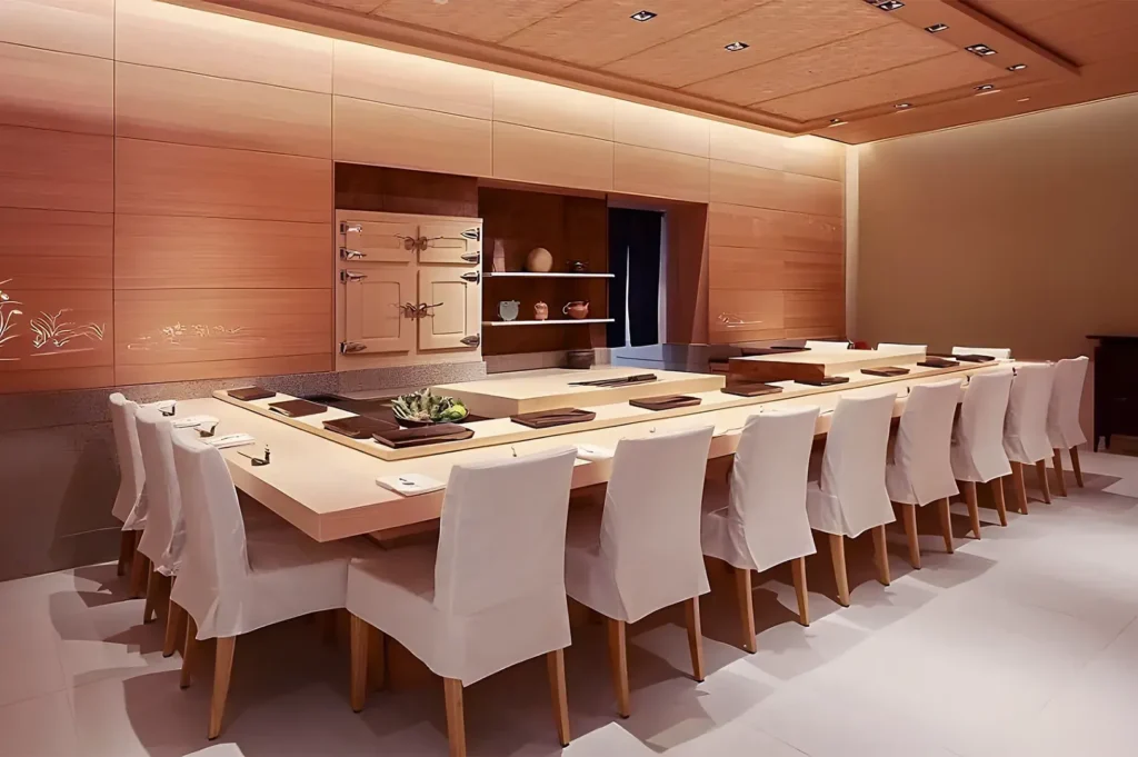 Elegant dining room featuring a long wooden table surrounded by white, cloth-covered chairs. Soft lighting creates a warm, inviting ambiance.